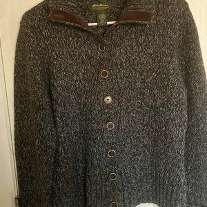 Eddie Bauer Button Cardigan Sweater Leather Detail
